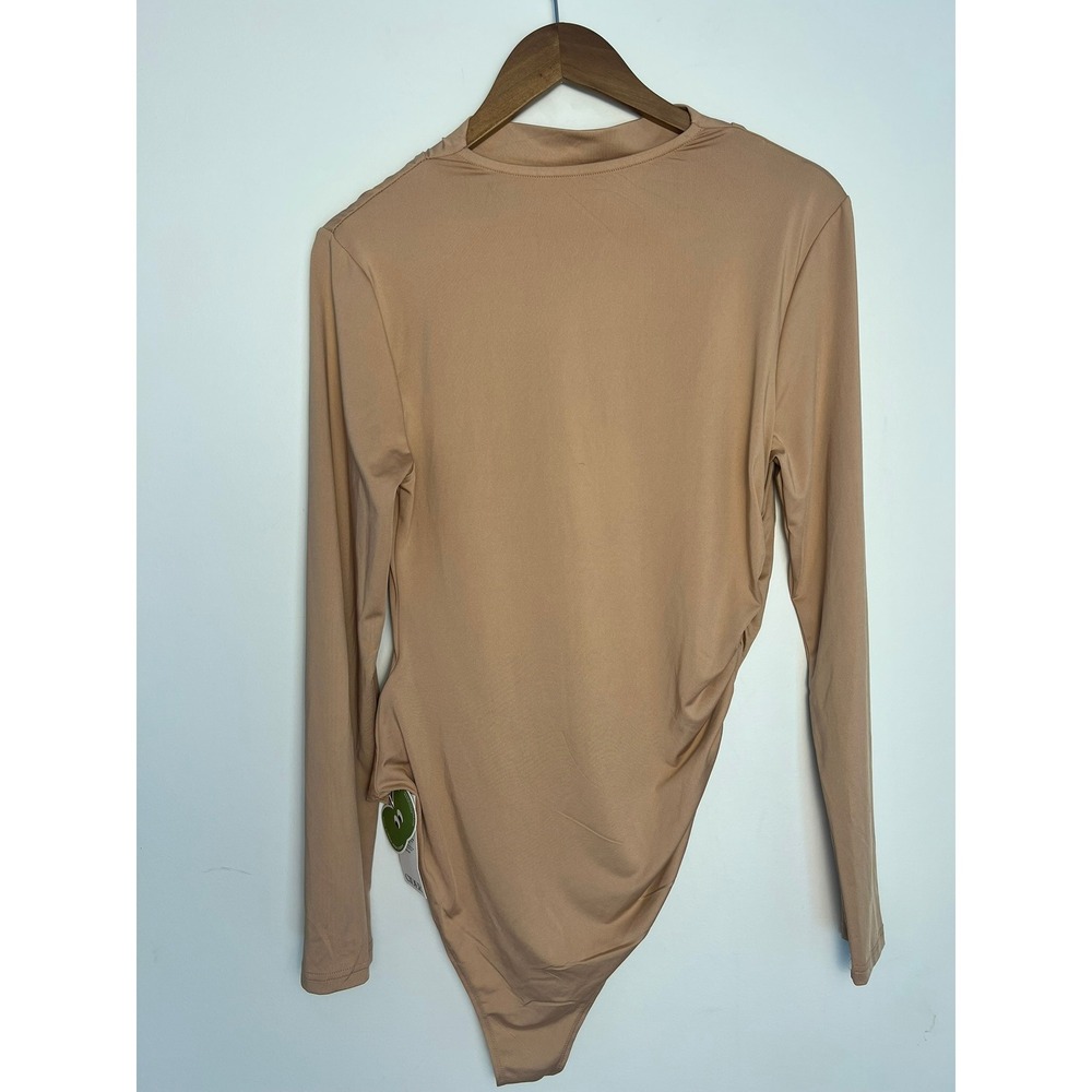 NWT! XL Cider Tan Mock Neck Long Sleeve Bodysuit Neutral Minimalist Asymmetrical
